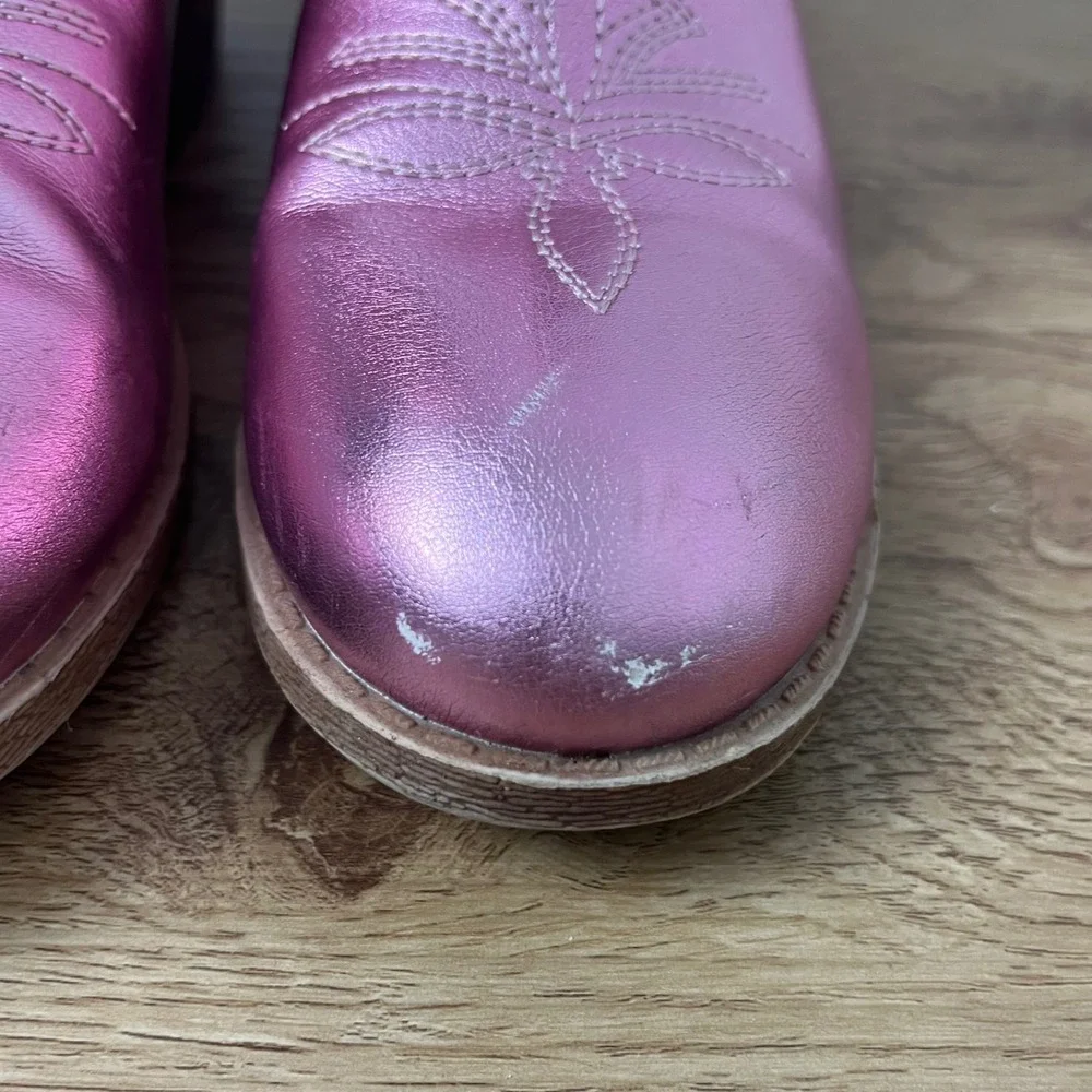 Metallic Pink Western Cowboy Boots Kids Size 2 Star Pull Tab Faux Leather